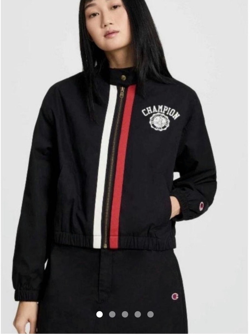 Champion Black Bomber Jacket with Red & White Center Stripes